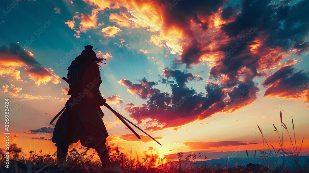 the silhouette of a samurai at sunset