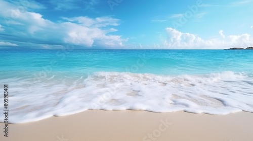Beautiful sandy beach with gentle rolling sea waves accompanied by views of blue sky and white clouds © Alpa