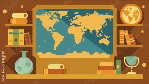 A the cluttered shelves you discover an antique map of the world its edges yellowed with age and dotted with intricate illustrations.. Vector illustration
