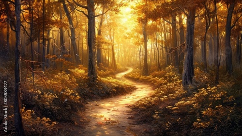 A winding path leading through a dense forest bathed in golden sunlight, inviting introspection and connection with nature. photo