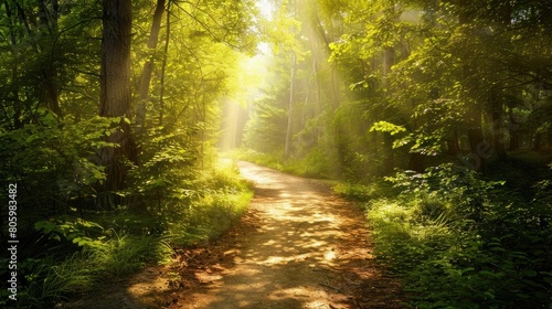 A winding path leading through a dense forest with sunlight streaming through the canopy, inviting introspection and connection with nature.