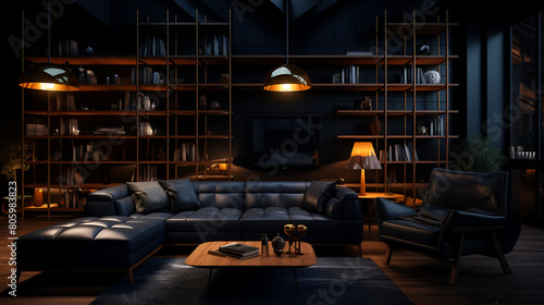 Interior of a modern living room with a black leather sofa  a coffee table and a bookcase  Luxury living room interior with sofa and bookcase 