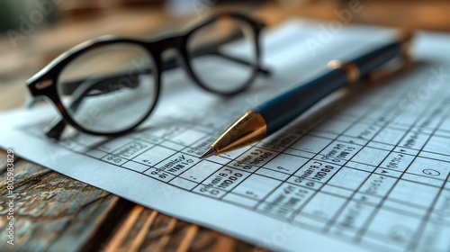 The concept of performance evaluation. Glasses and a pen on top of a tax form.