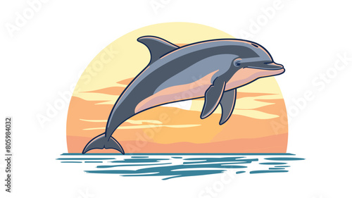Dolphin jumping out ocean against sunset, marine life scene, playful aquatic mammal leaping, tropical seascape, oceanic backdrop. Cartoon dolphin joyfully breaches sea surface, vibrant dusk colors