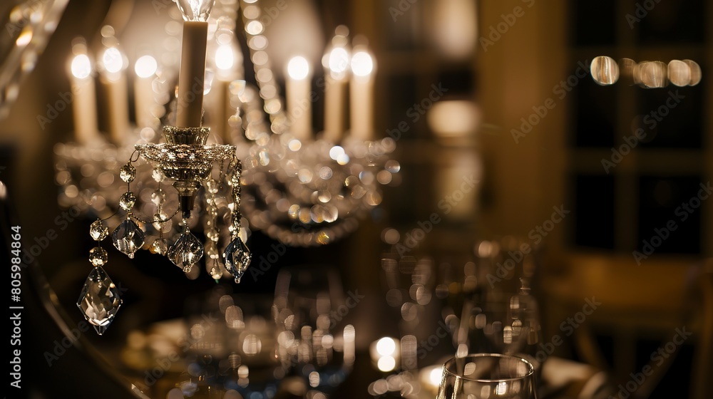 Elegant dining room, crystal chandelier detail close-up, sparkling light, evening 