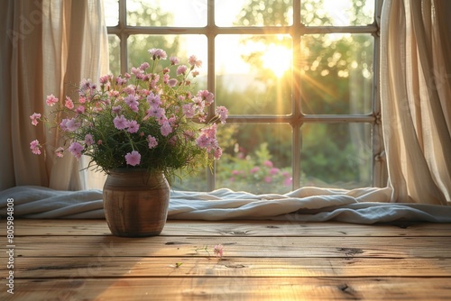 Flowers in a vase on the windowsill at sunset.