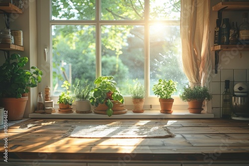 Kitchen interior with plants in pots on the windowsill and sunlight