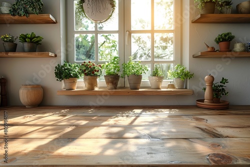 Interior of a cozy room with wooden shelves, plants and flowers in pots