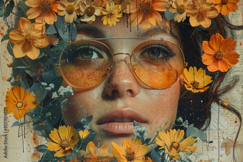 Portrait of beautiful girl with flowers in her hair. Vintage style. Collage