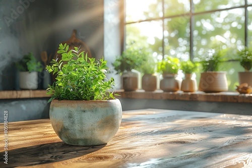 Green plant in ceramic pot on wooden table and blurred background with sunlight