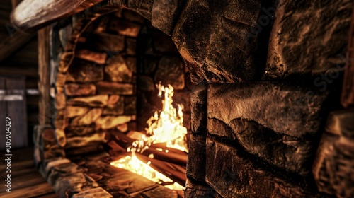 Rustic cabin interior, fireplace stone texture close-up, warm fire glow 