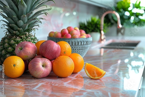 Fruits on the table in the kitchen. Healthy eating concept.