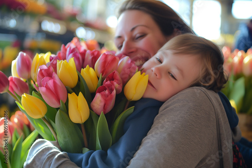 A smiling woman embraces a young child who appears to be asleep on her shoulder, while holding a large bouquet of colorful tulips. photo