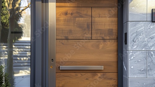 Contemporary pivot door with a wood veneer finish and brushed metal handle photo