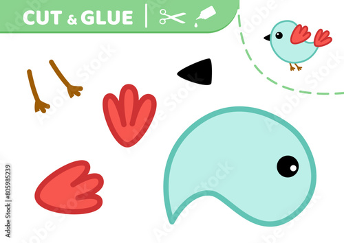 Cut and glue. Blue bird with red wings. Blue nestling. Applique. Paper game. Vector