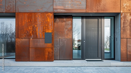 Modern steel door with a minimalist design and integrated doorbell photo