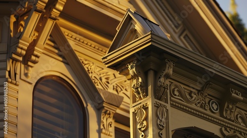 Victorian home, ornate gable trim close-up, intricate carvings, golden hour glow