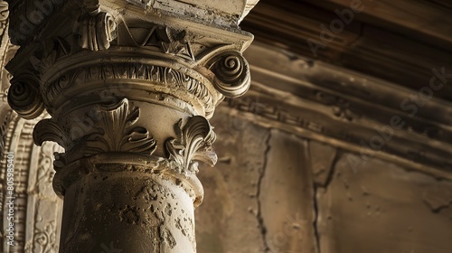 Renaissance building, column capital close-up, detailed stonework, diffuse light  photo