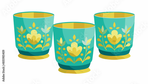 A set of goldrimmed old fashioned glasses adorned with delicate floral patterns in shades of blue and green. Vector illustration photo