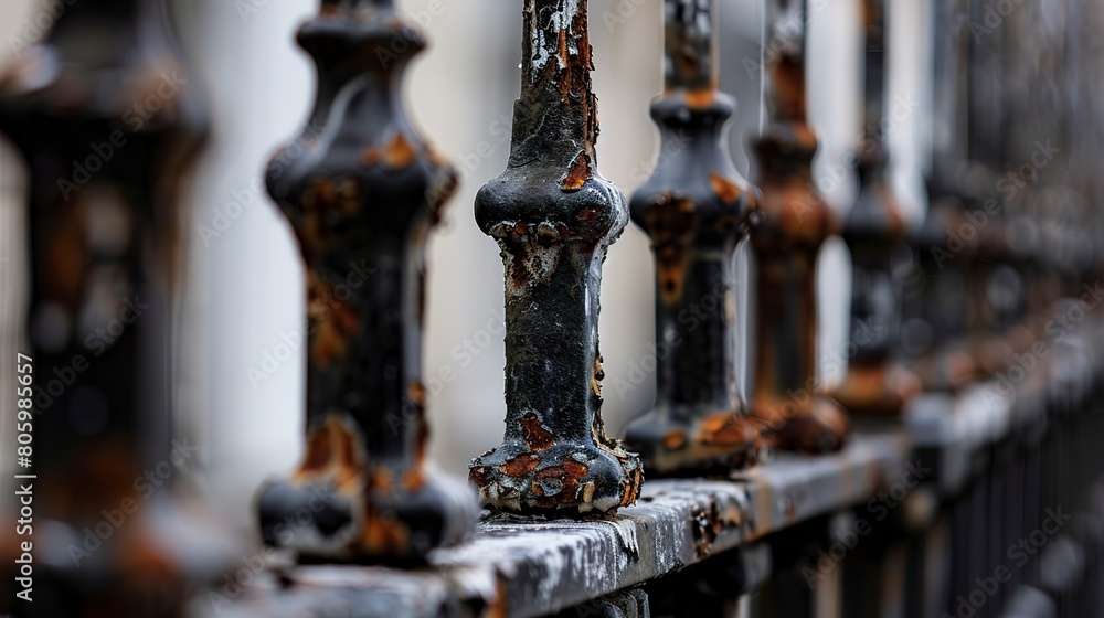 Historic district, wrought iron fence detail close-up, rust and paint chips, cloudy day