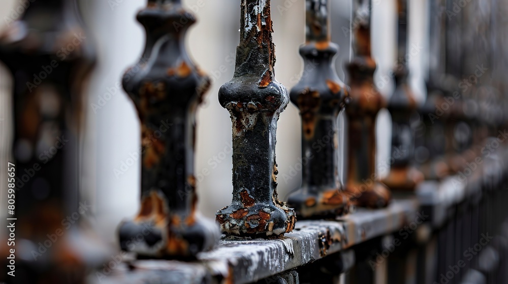 Historic district, wrought iron fence detail close-up, rust and paint chips, cloudy day Historic district, wrought iron fence detail close-up, rust and paint chips, cloudy day