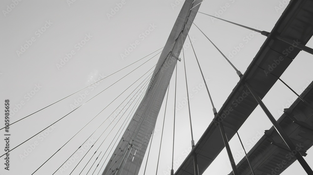 Modern bridge, steel cable connections close-up, architectural precision, clear skies Modern bridge, steel cable connections close-up, architectural precision, clear skies