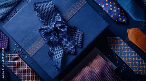 On a deep blue background, a sleek blue gift box, a stylish notebook, and an array of colorful neckties are meticulously arranged, forming a sophisticated Father's Day display. photo