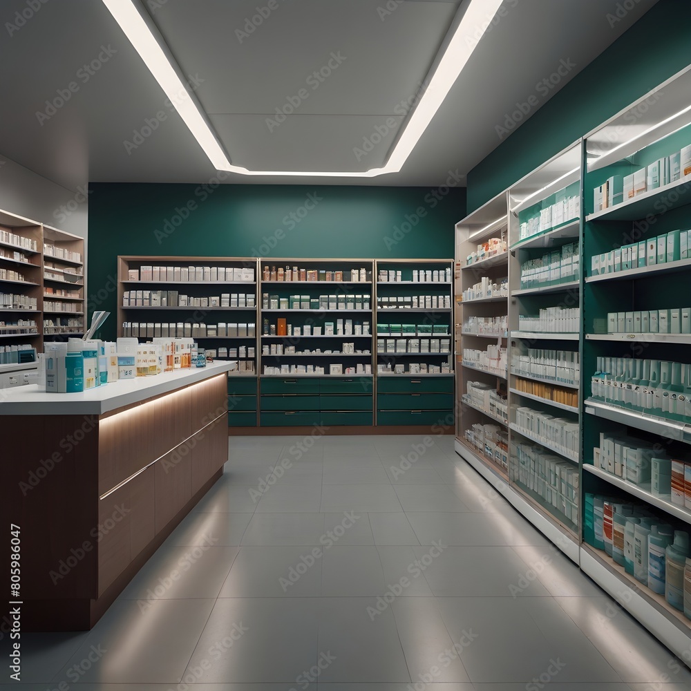 chemist or pharmacy shop interior background. shelves containing various medicines. generative ai