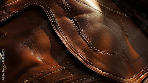 Horse ranch, saddle leather close-up, fine stitching details, late afternoon light 