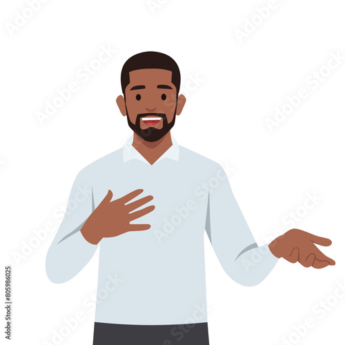 Young black man standing and talking with hand gesture trying to convict. Flat vector illustration isolated on white background