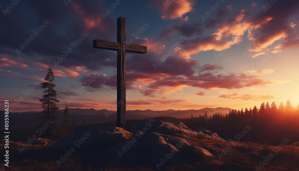 A wooden cross stands on a hilltop at sunset.