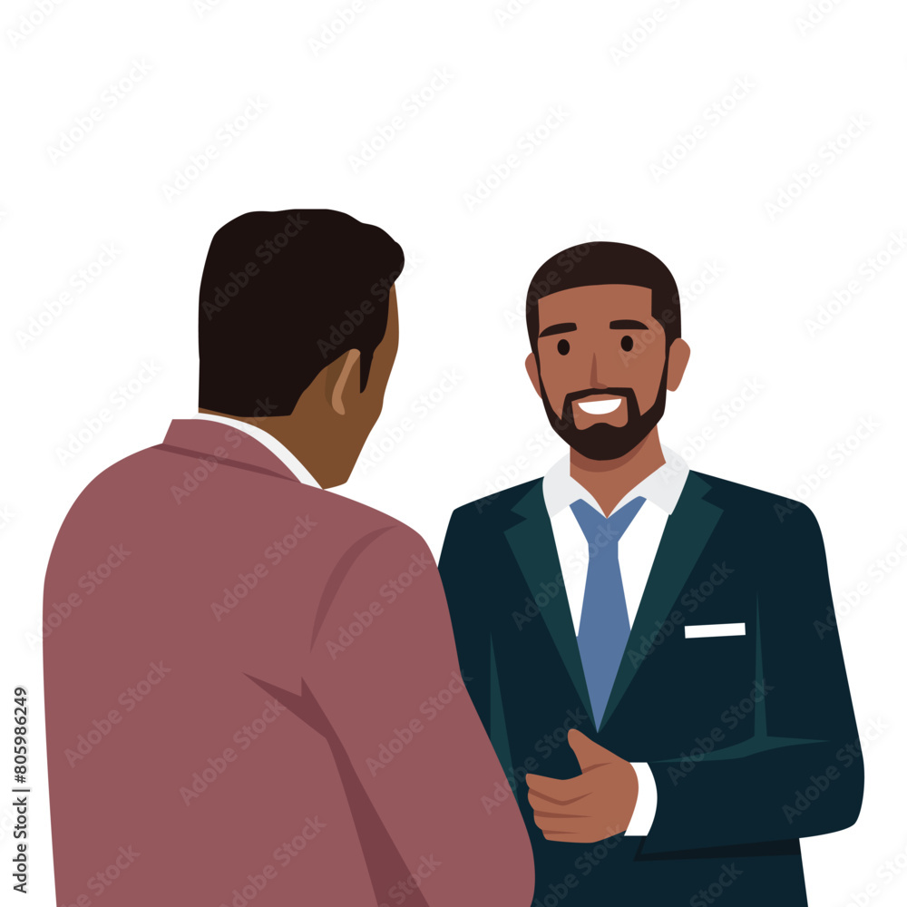 Two black men talking about business. Multi racial character. Flat vector illustration isolated on white background Two black men talking about business. Multi racial character. Flat vector illustration isolated on white background