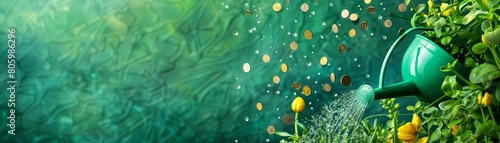 Watering can pouring golden coins on young plants on a green background banner