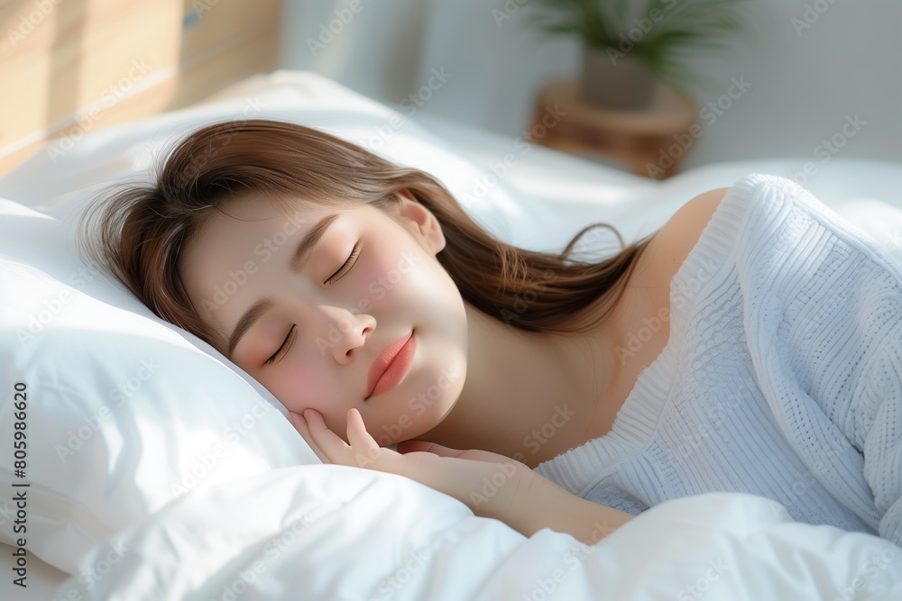 beautiful woman sleep on white bed daylight morning time beautiful woman sleep on white bed daylight morning time