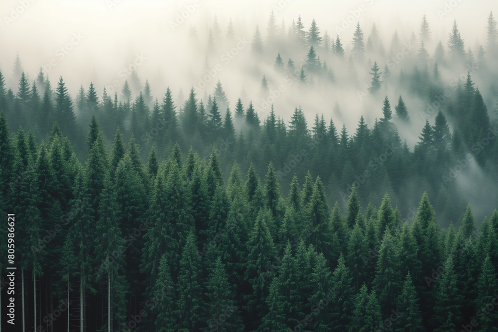 Dense forest with tall pine trees and fog on it