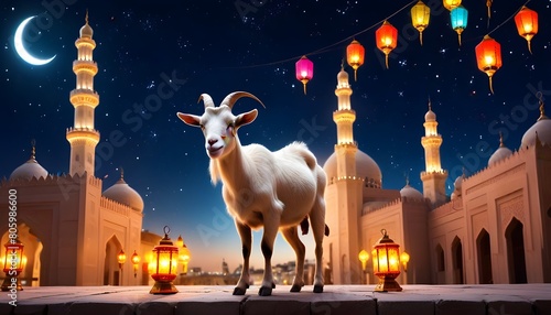 Eid ul adha mubarak theme a goat is standing with a lot of islamic lantern lights in different colours around it behind beautiful view of mosque view and dark night with stars along eid celebrations  photo