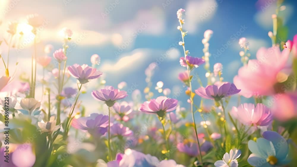 Summer flower field pink. Beautiful pink flowers blossom close-up background. Floral petal field of natural blooming pink and swaying in spring wind in morning sun light. 4k footage. Gentle backdrop Summer flower field pink. Beautiful pink flowers blossom close-up background. Floral petal field of natural blooming pink and swaying in spring wind in morning sun light. 4k footage. Gentle backdrop