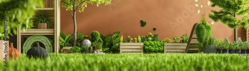 Create a realistic 3D rendering of a lush garden with a variety of plants, flowers, and trees photo