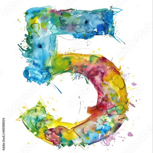 5 five number in watercolor painting on a white background