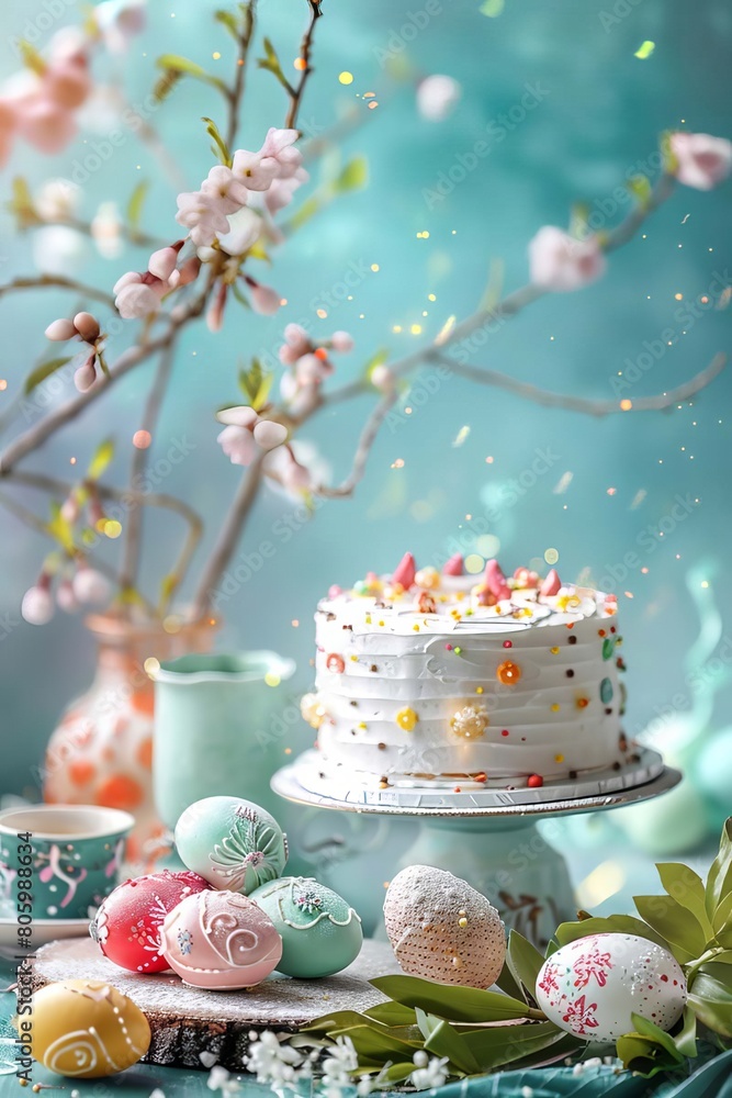 Easter cake and bright eggs on a festive Easter table, Generative AI, Easter cake and bright eggs on a festive Easter table, Generative AI,
