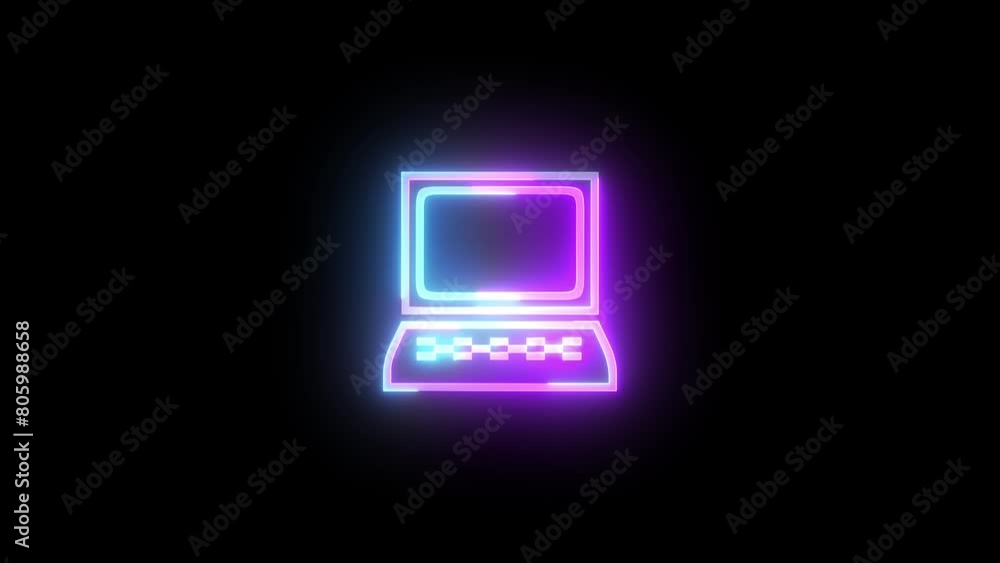 Neon computer device icon cyan purple color glowing animated black background Neon computer device icon cyan purple color glowing animated black background