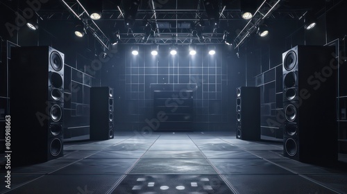 stage with concert speakers on black background