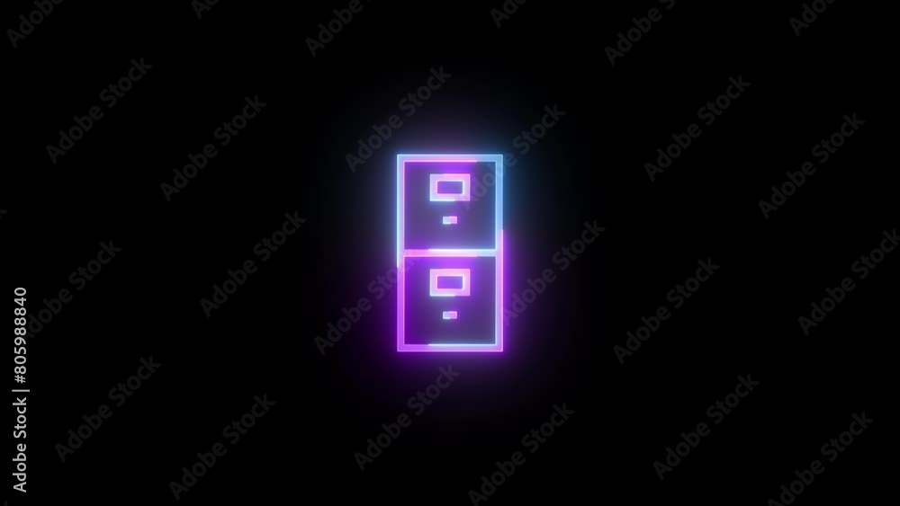 Neon file cabinet icon cyan purple color glowing animated black background Neon file cabinet icon cyan purple color glowing animated black background