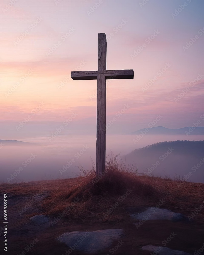 A wooden cross stands on a hill overlooking a valley