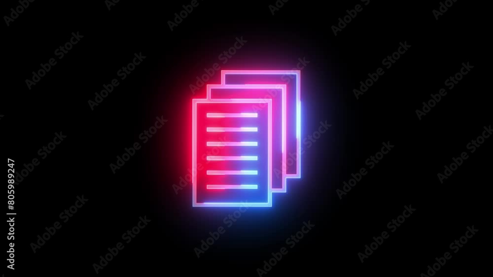 Neon page papers icon blue red color glowing animated black background Neon page papers icon blue red color glowing animated black background