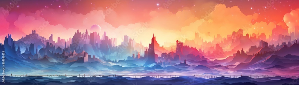 A beautiful landscape painting of a distant city