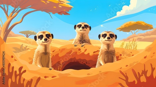 Three watchful meerkats on alert in a sunny desert landscape