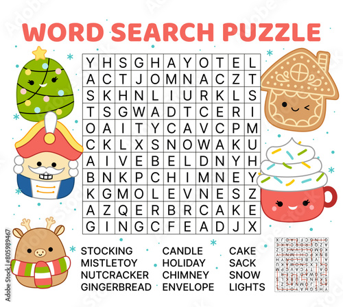 Word search game puzzle for kids. Nutcracker, Christmas, coockie. English words. Cartoon, vector