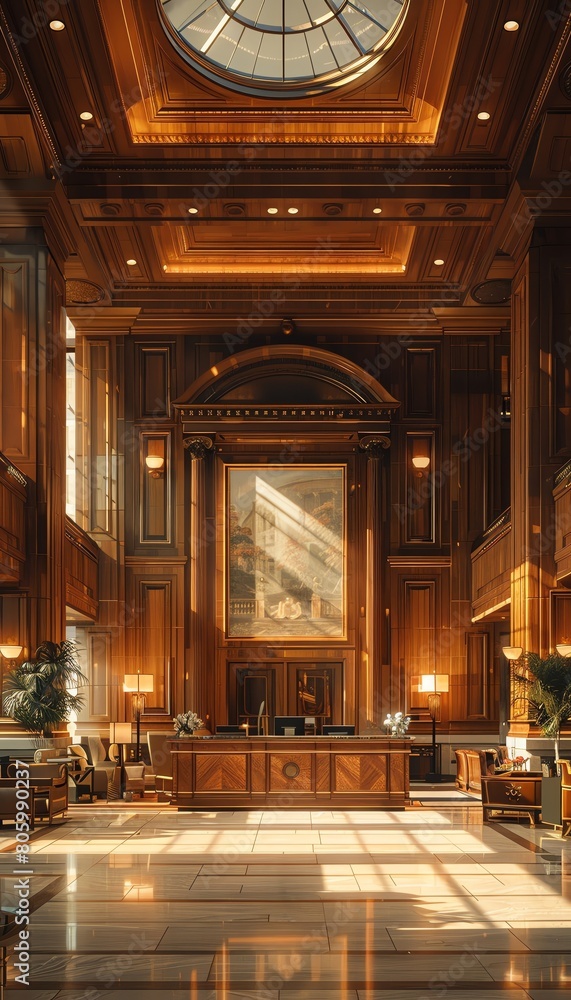 A grand hotel lobby where guests check in from different dimensions for business