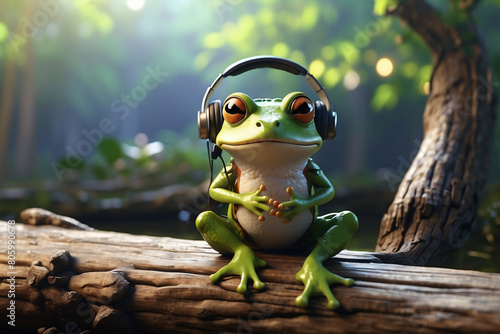 Fantasy of a frog wearing a headset in the forest photo